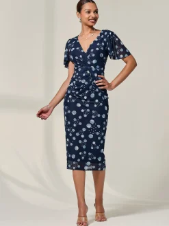 Mesh Short Sleeve Midi Dress, Navy Spot
