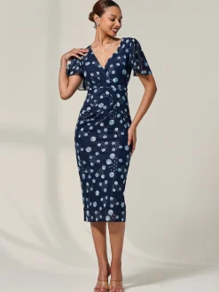Mesh Short Sleeve Midi Dress, Navy Spot