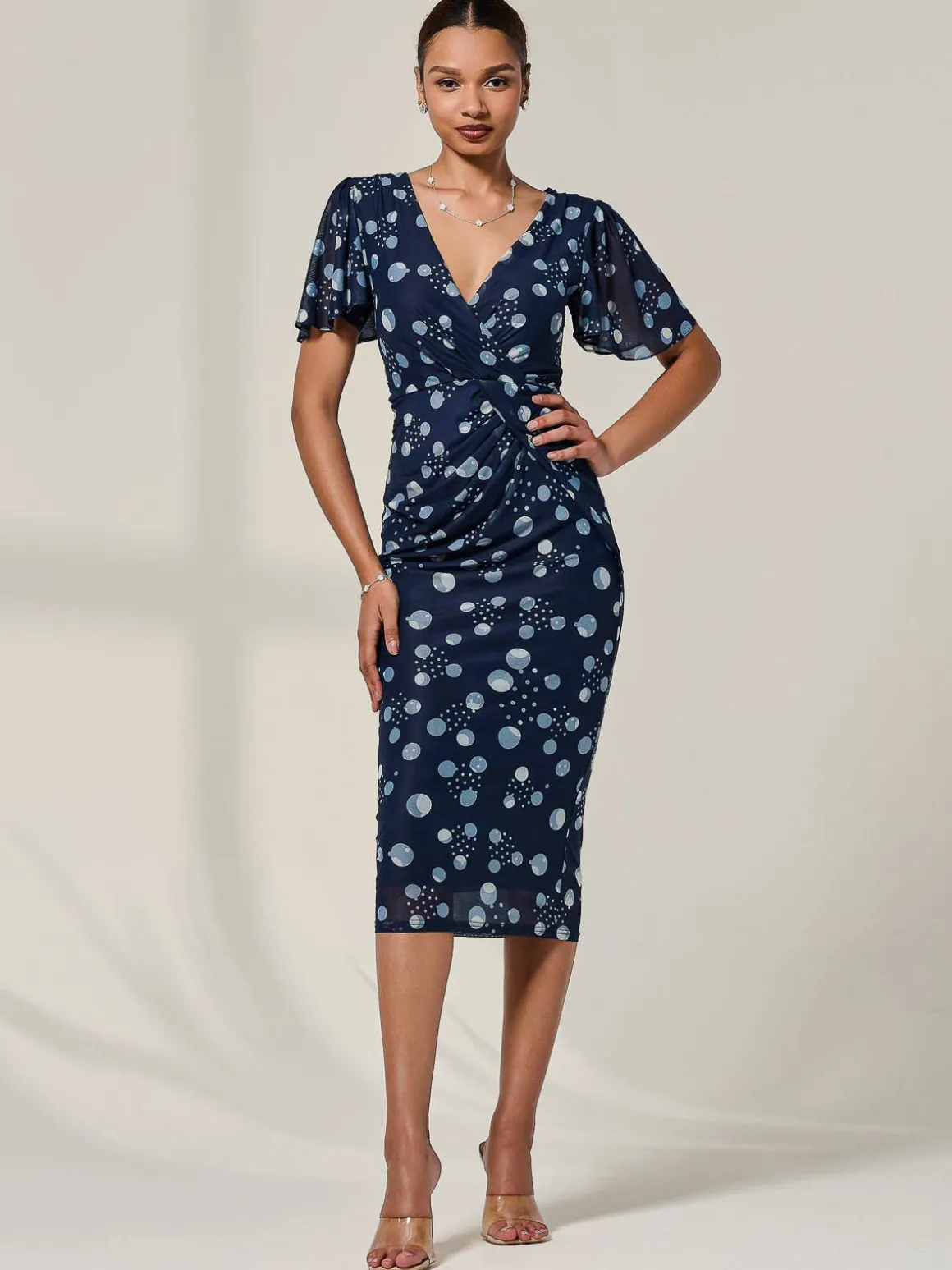 Mesh Short Sleeve Midi Dress, Navy Spot