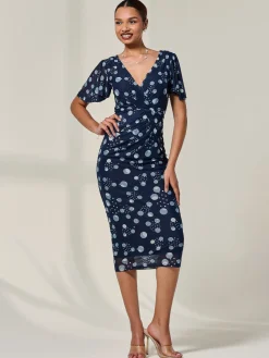 Mesh Short Sleeve Midi Dress, Navy Spot