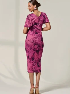 Mesh Short Sleeve Midi Dress, Purple Abstract