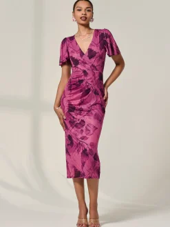 Mesh Short Sleeve Midi Dress, Purple Abstract
