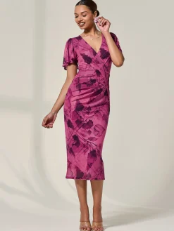 Mesh Short Sleeve Midi Dress, Purple Abstract