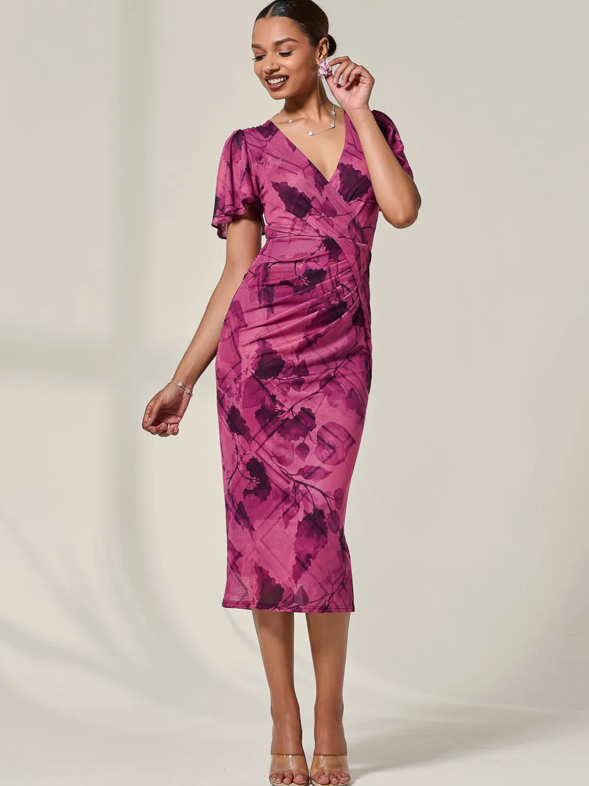 Mesh Short Sleeve Midi Dress, Purple Abstract