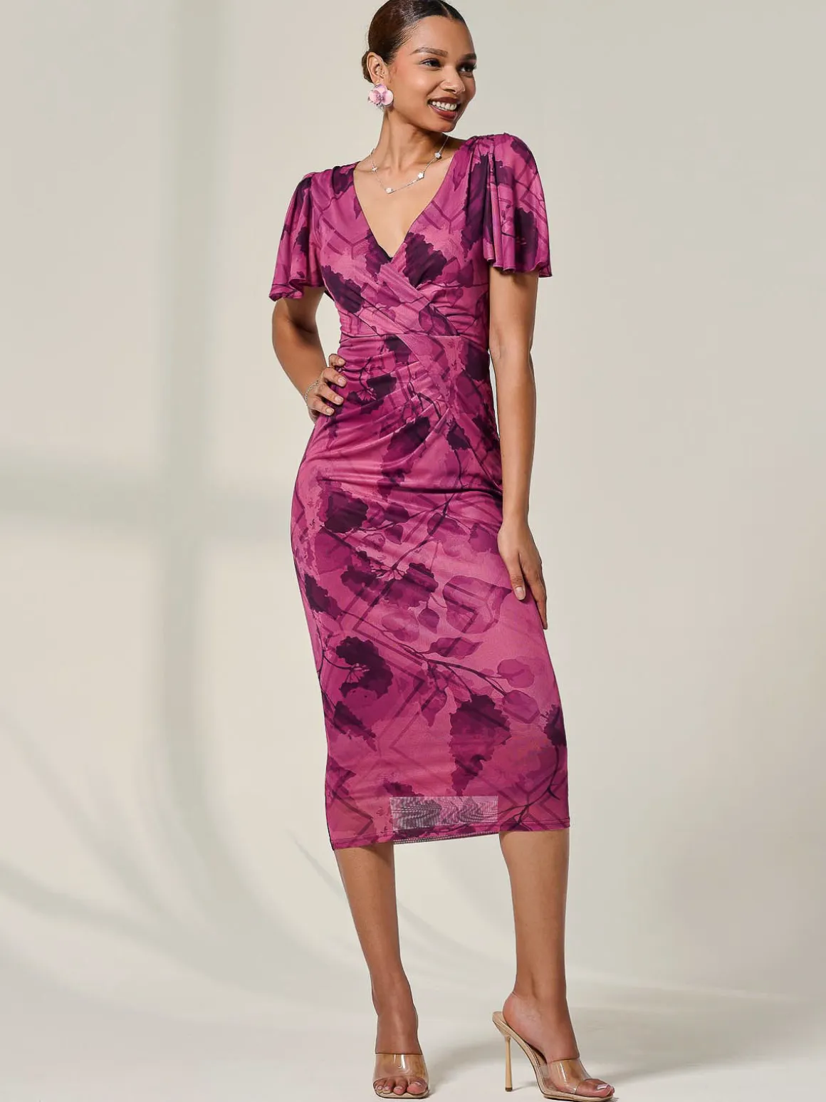 Mesh Short Sleeve Midi Dress, Purple Abstract