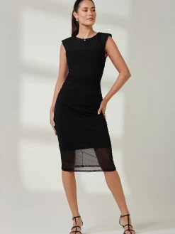 Mesh Shoulder Pad Bodycon Midi Dress, Black