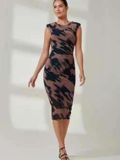 Mesh Shoulder Pad Bodycon Midi Dress, Brown Abstract
