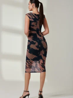 Mesh Shoulder Pad Bodycon Midi Dress, Brown Abstract