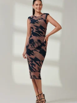 Mesh Shoulder Pad Bodycon Midi Dress, Brown Abstract