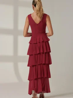 Mesh Sleeveless Tiered Maxi Dress, Burgundy