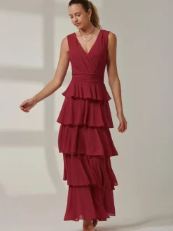 Mesh Sleeveless Tiered Maxi Dress, Burgundy