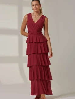 Mesh Sleeveless Tiered Maxi Dress, Burgundy