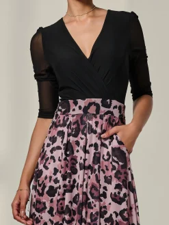 Mesh Two Tone Half Sleeve Midi Dress, Pink Leopard