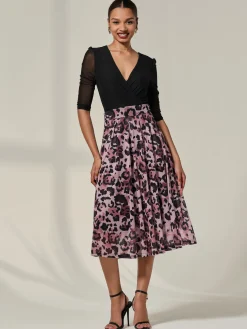 Mesh Two Tone Half Sleeve Midi Dress, Pink Leopard
