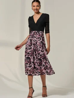 Mesh Two Tone Half Sleeve Midi Dress, Pink Leopard