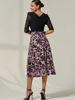 Mesh Two Tone Half Sleeve Midi Dress, Pink Leopard