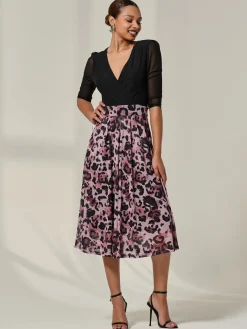 Mesh Two Tone Half Sleeve Midi Dress, Pink Leopard