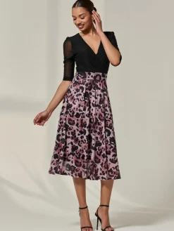 Mesh Two Tone Half Sleeve Midi Dress, Pink Leopard