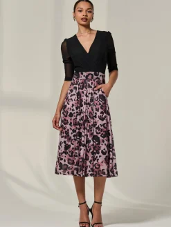 Mesh Two Tone Half Sleeve Midi Dress, Pink Leopard