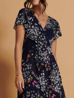 Mesh V-Neck Maxi Dress, Navy Multi