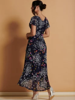 Mesh V-Neck Maxi Dress, Navy Multi