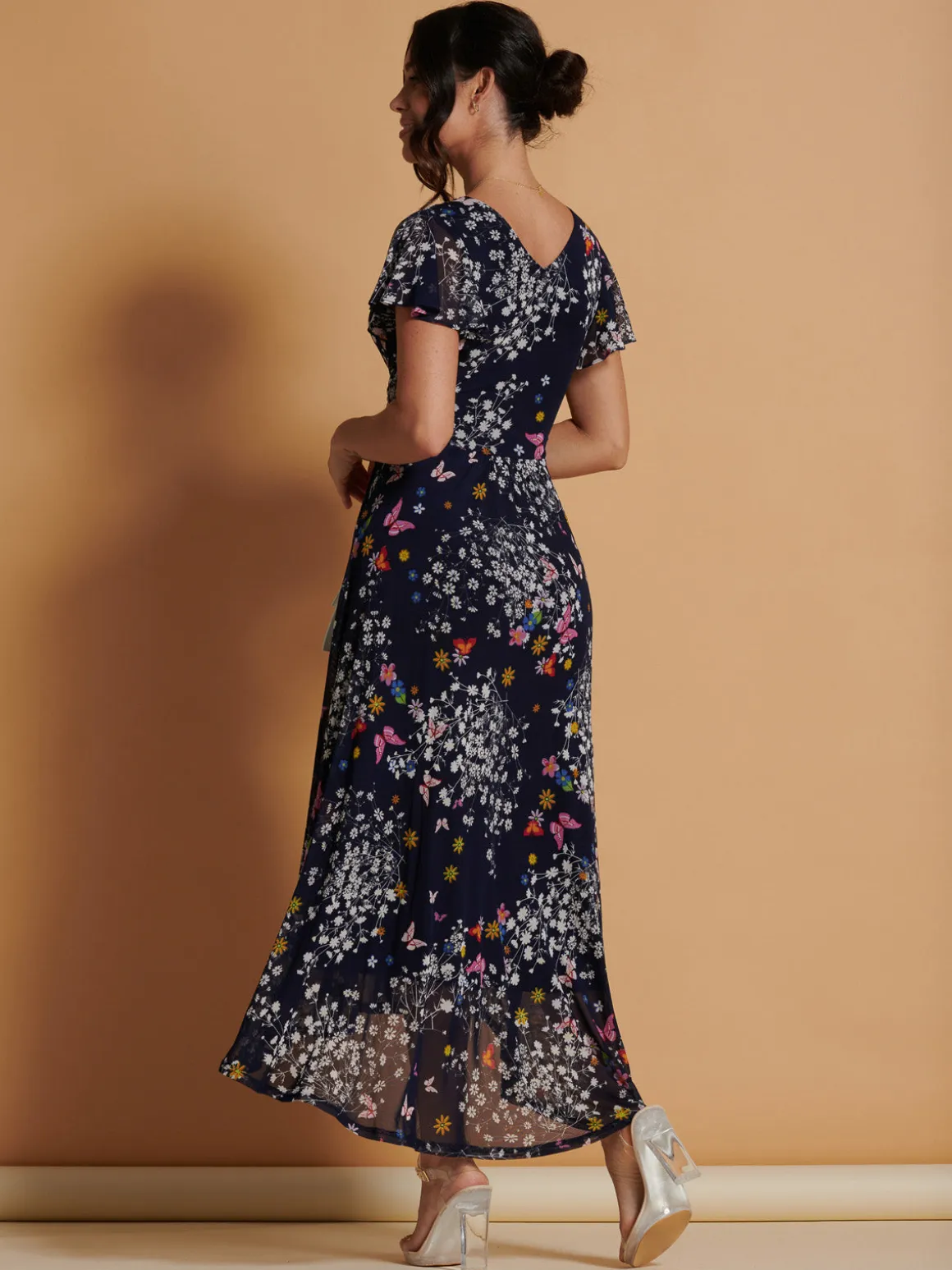 Mesh V-Neck Maxi Dress, Navy Multi