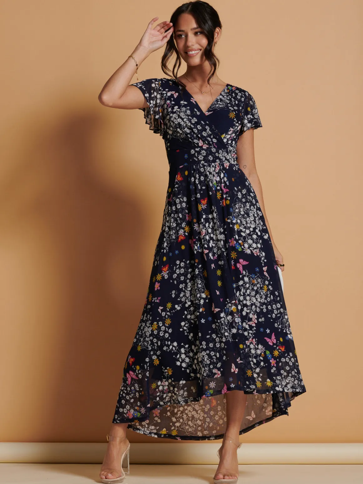 Mesh V-Neck Maxi Dress, Navy Multi
