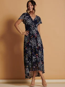 Mesh V-Neck Maxi Dress, Navy Multi