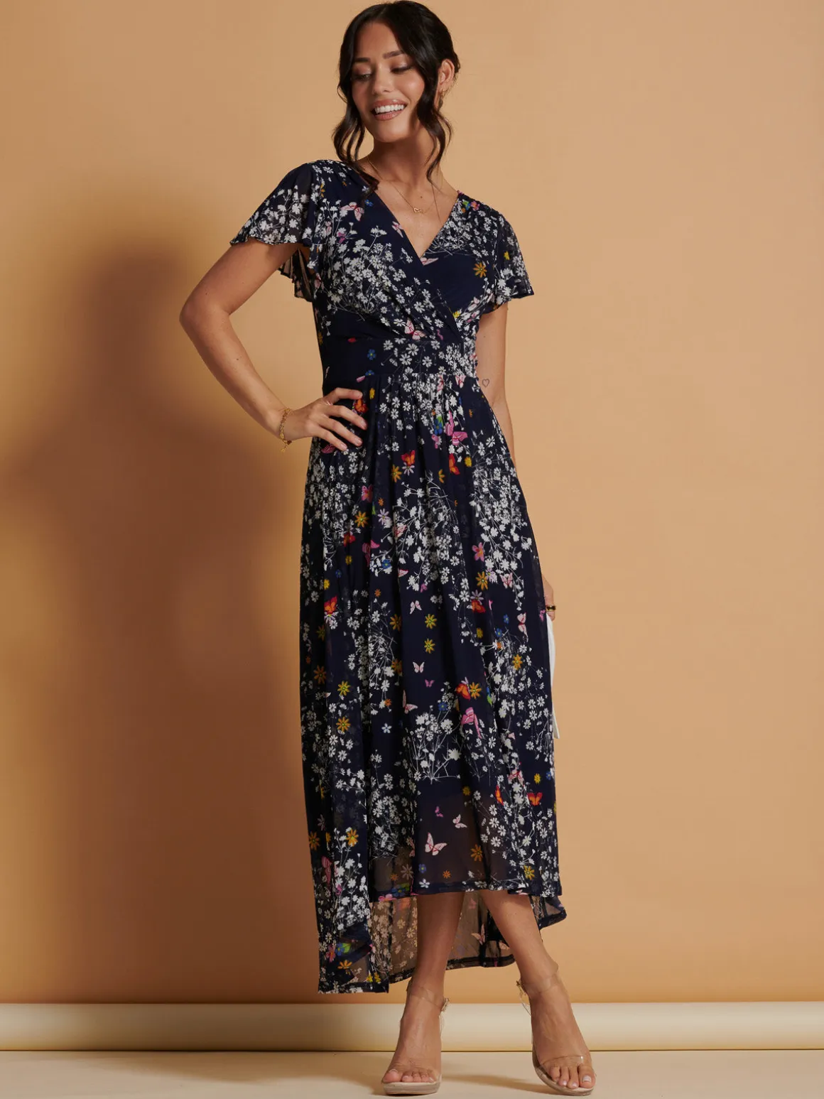 Mesh V-Neck Maxi Dress, Navy Multi