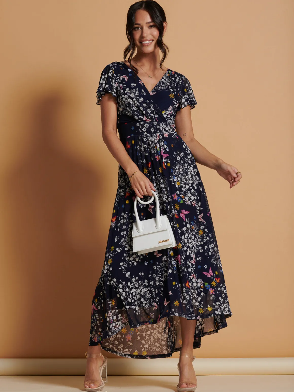Mesh V-Neck Maxi Dress, Navy Multi