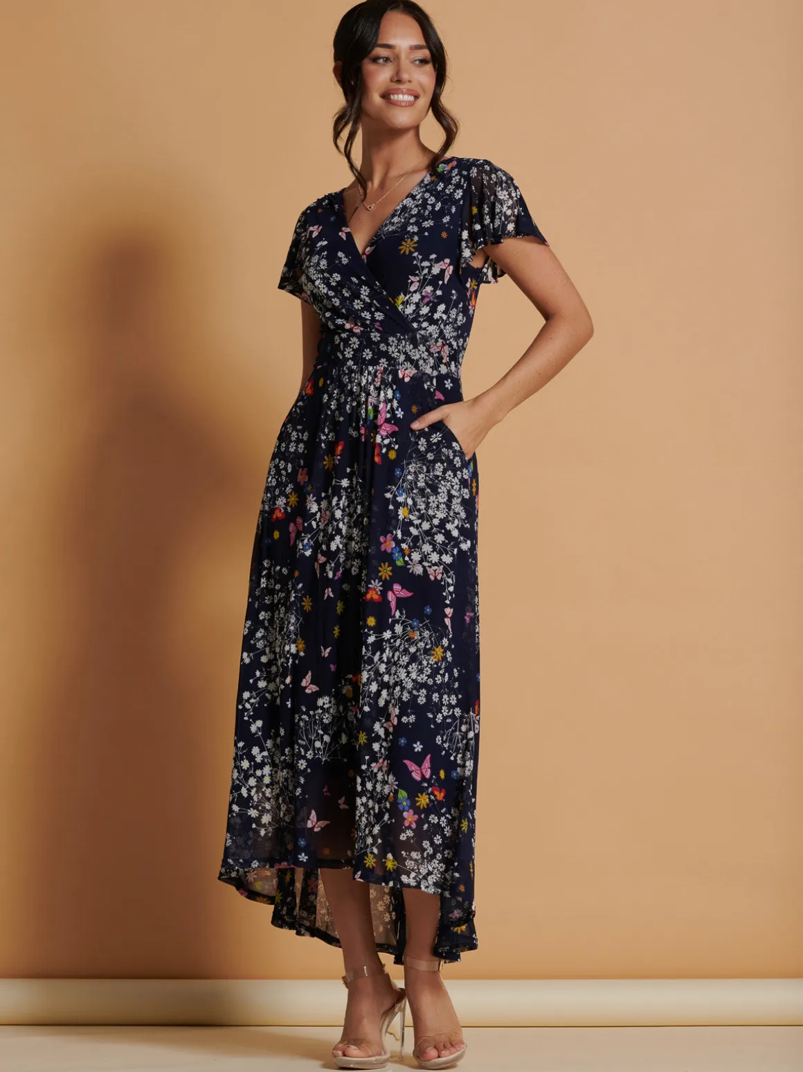 Mesh V-Neck Maxi Dress, Navy Multi