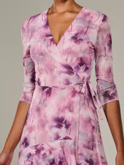 Mesh Wrap Midaxi Dress, Pink Abstract