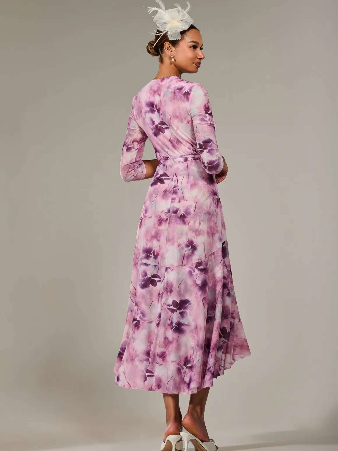 Mesh Wrap Midaxi Dress, Pink Abstract