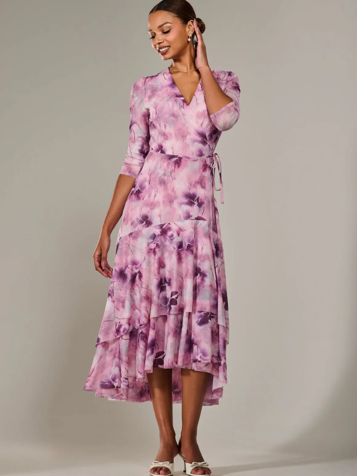 Mesh Wrap Midaxi Dress, Pink Abstract