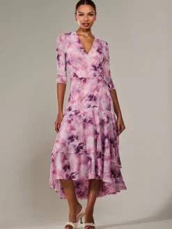 Mesh Wrap Midaxi Dress, Pink Abstract