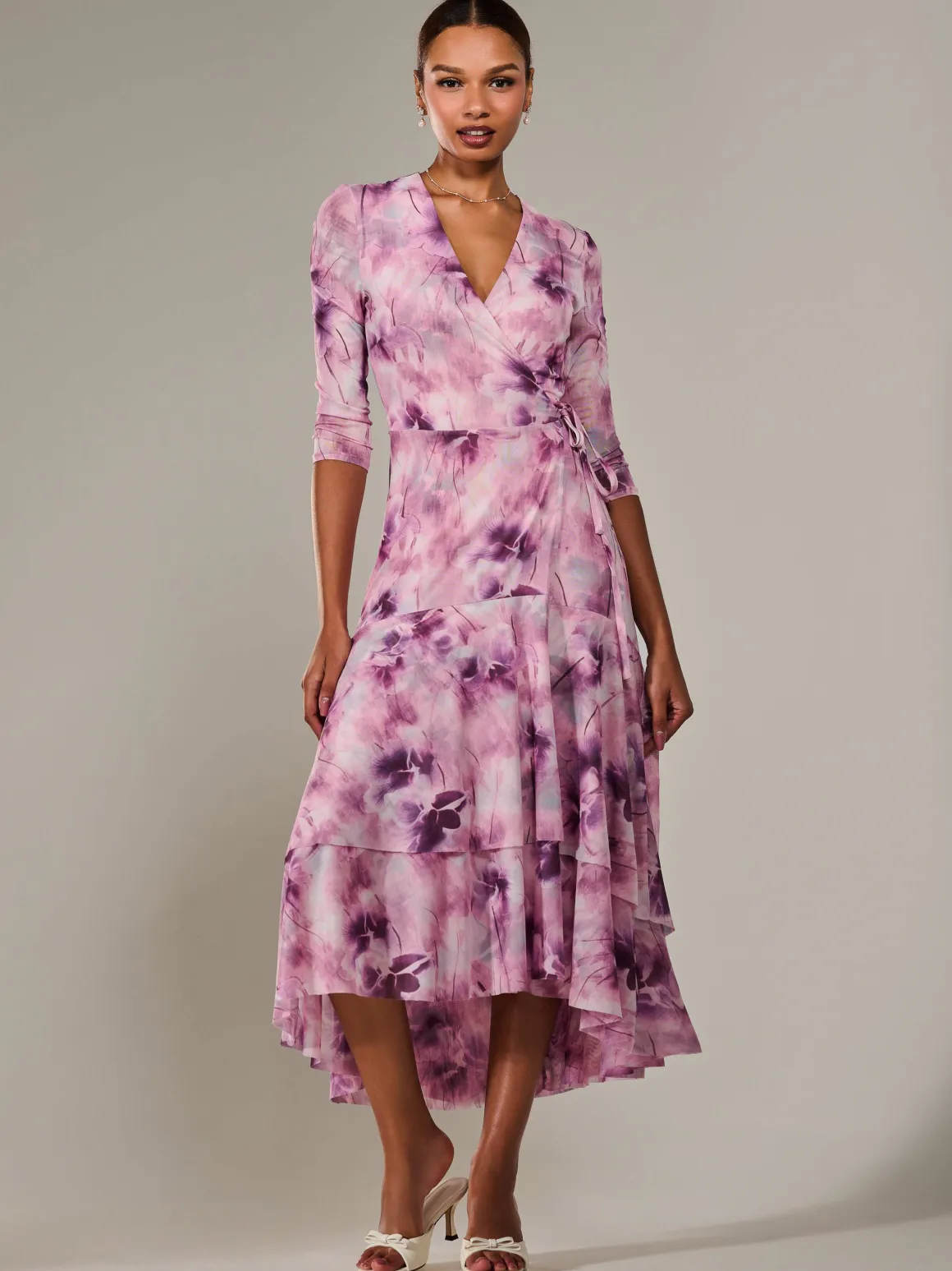 Mesh Wrap Midaxi Dress, Pink Abstract