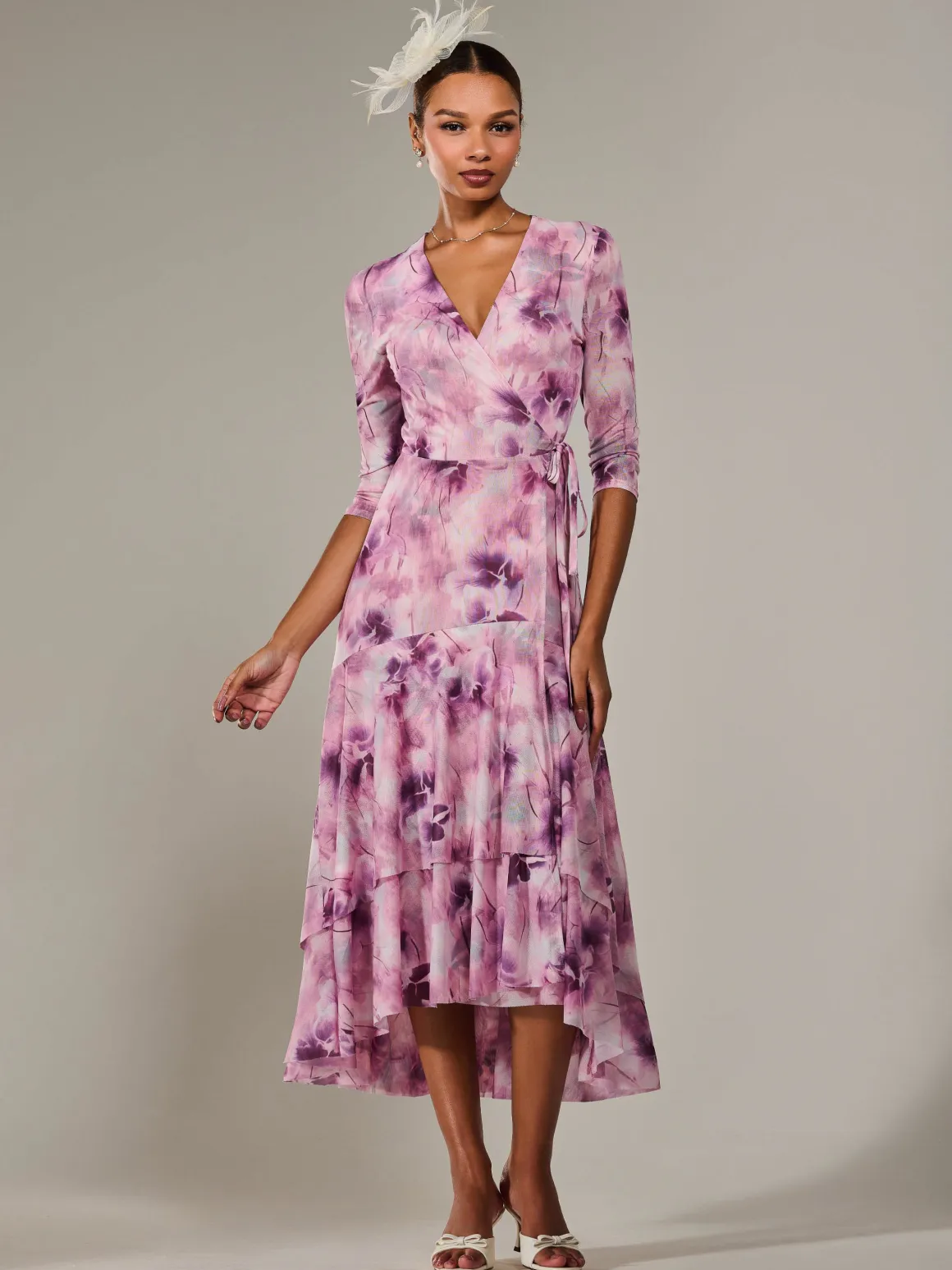 Mesh Wrap Midaxi Dress, Pink Abstract