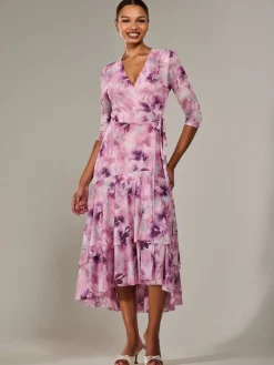 Mesh Wrap Midaxi Dress, Pink Abstract