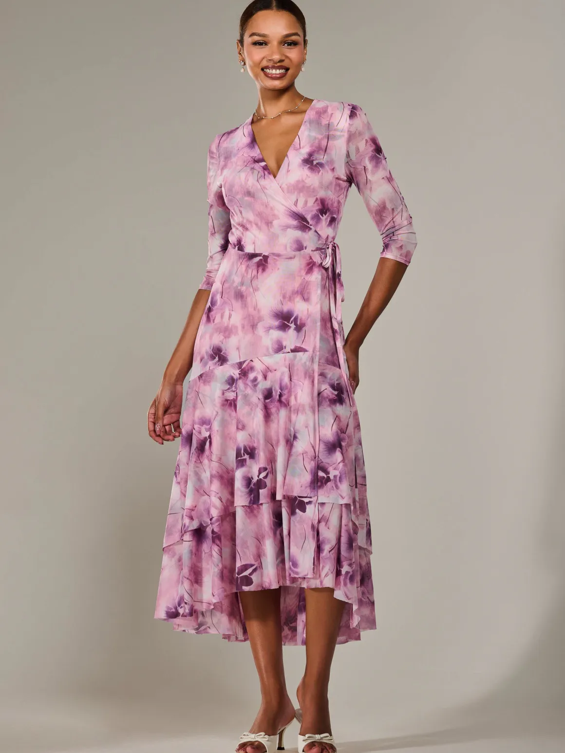 Mesh Wrap Midaxi Dress, Pink Abstract