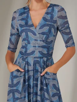 Mesh Wrap Midi Dress, Blue Pattern