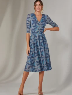 Mesh Wrap Midi Dress, Blue Pattern