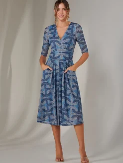 Mesh Wrap Midi Dress, Blue Pattern