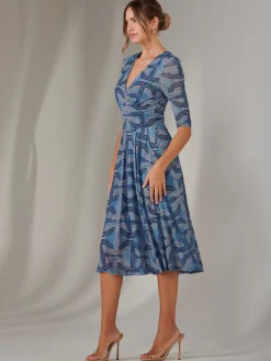 Mesh Wrap Midi Dress, Blue Pattern