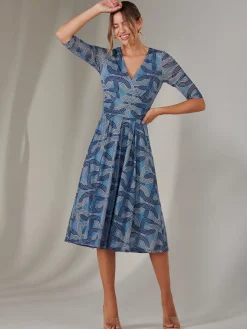 Mesh Wrap Midi Dress, Blue Pattern