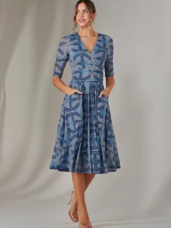 Mesh Wrap Midi Dress, Blue Pattern