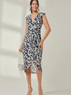 Mesh Wrap Ruched Bodycon Dress, Black Geo