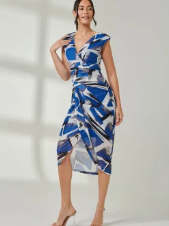 Mesh Wrap Ruched Bodycon Dress, Blue Abstract