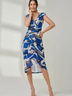 Mesh Wrap Ruched Bodycon Dress, Blue Abstract