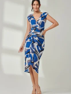 Mesh Wrap Ruched Bodycon Dress, Blue Abstract