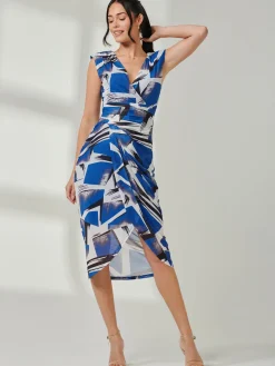 Mesh Wrap Ruched Bodycon Dress, Blue Abstract